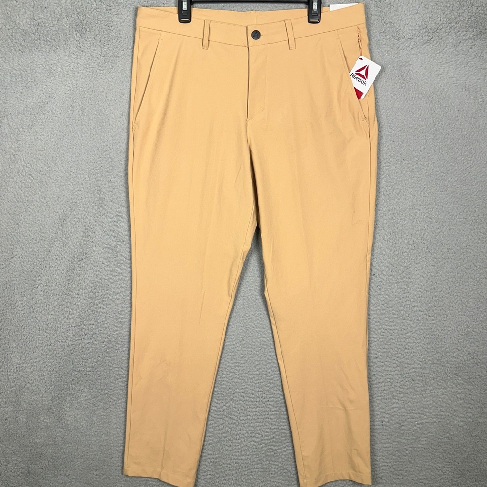 NEW Reebok Pants Mens 36X32 Tapered Coupe Fuselee Tan Chino Stretch Flat Front
